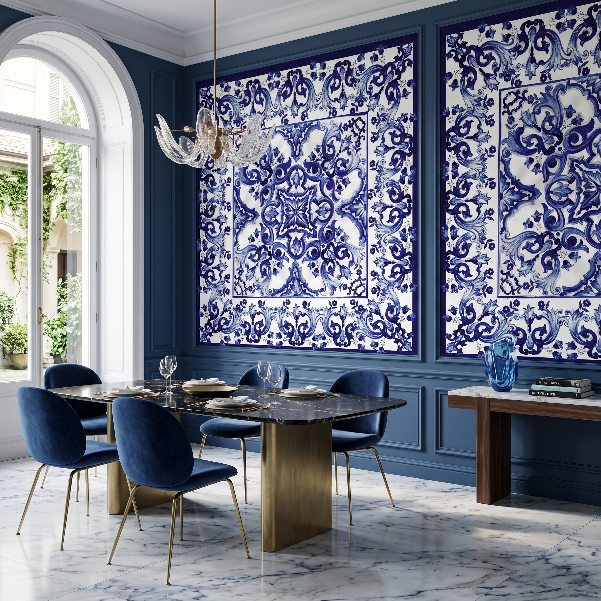 Dolce Gabanna Blue Çiçekler Çerçeveli Karo Desen Pano Duvar Kağıdı