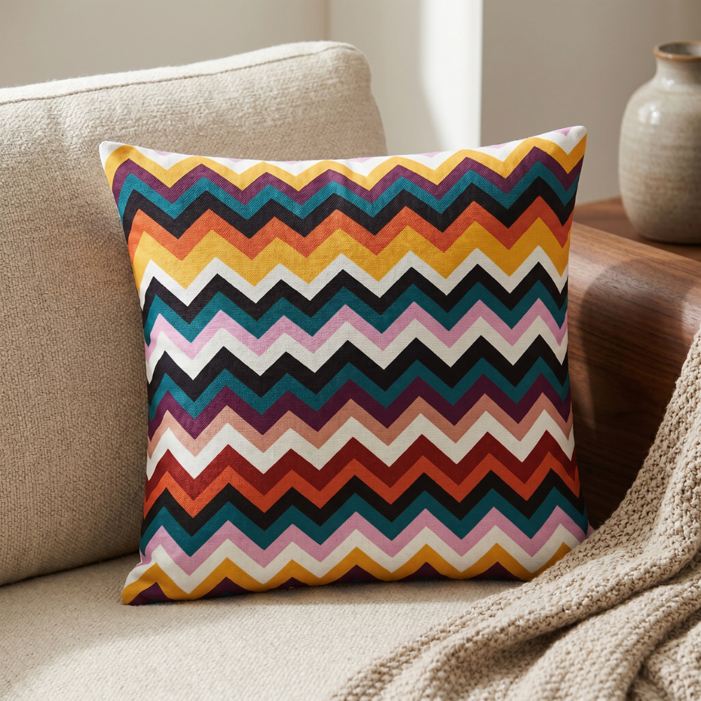 Retro Renk Patlaması Zigzag Desenli Dekoratif Yastık