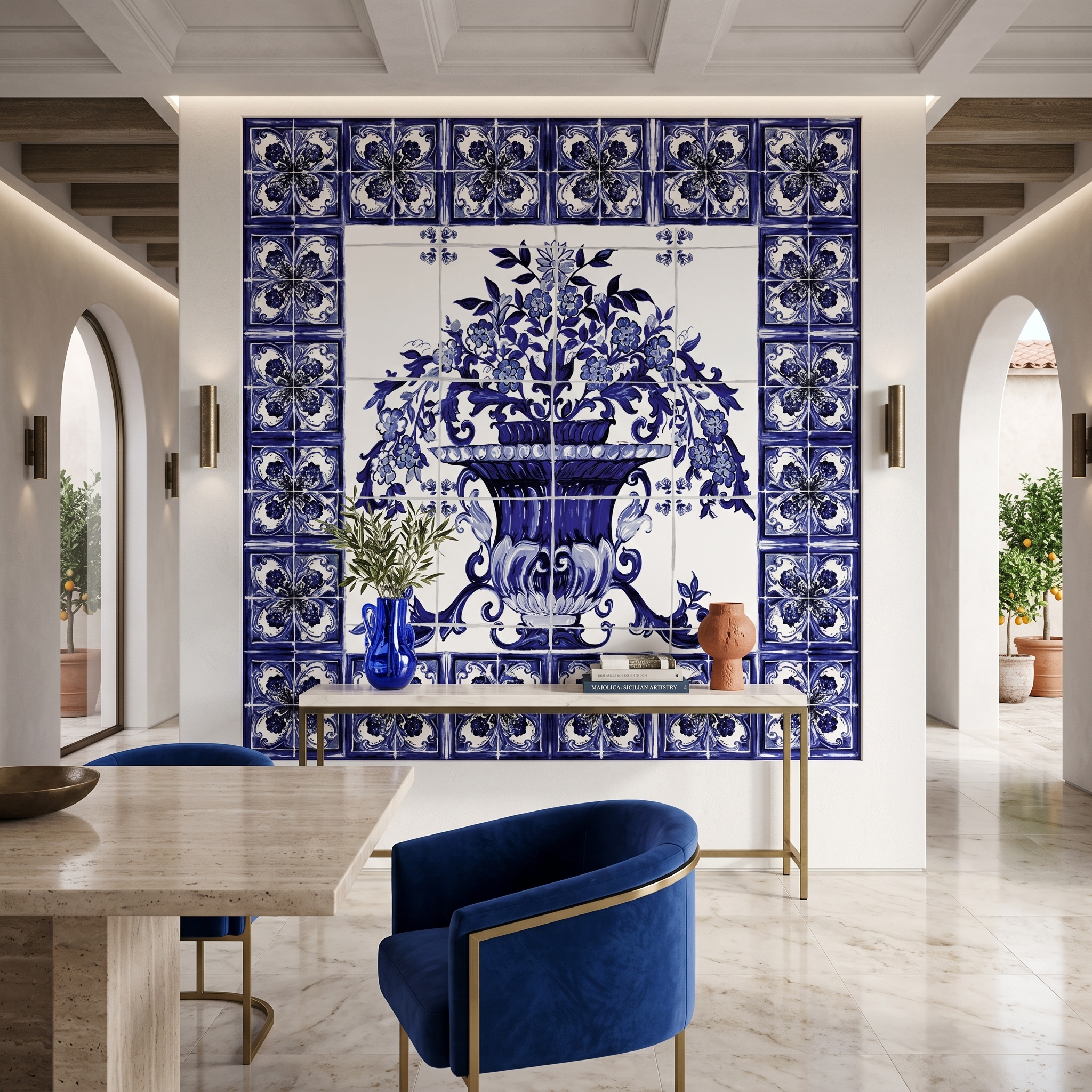Dolce Gabbana Karo Çini İçinde Saksı Çiçekli Pano Duvar Kağıdı