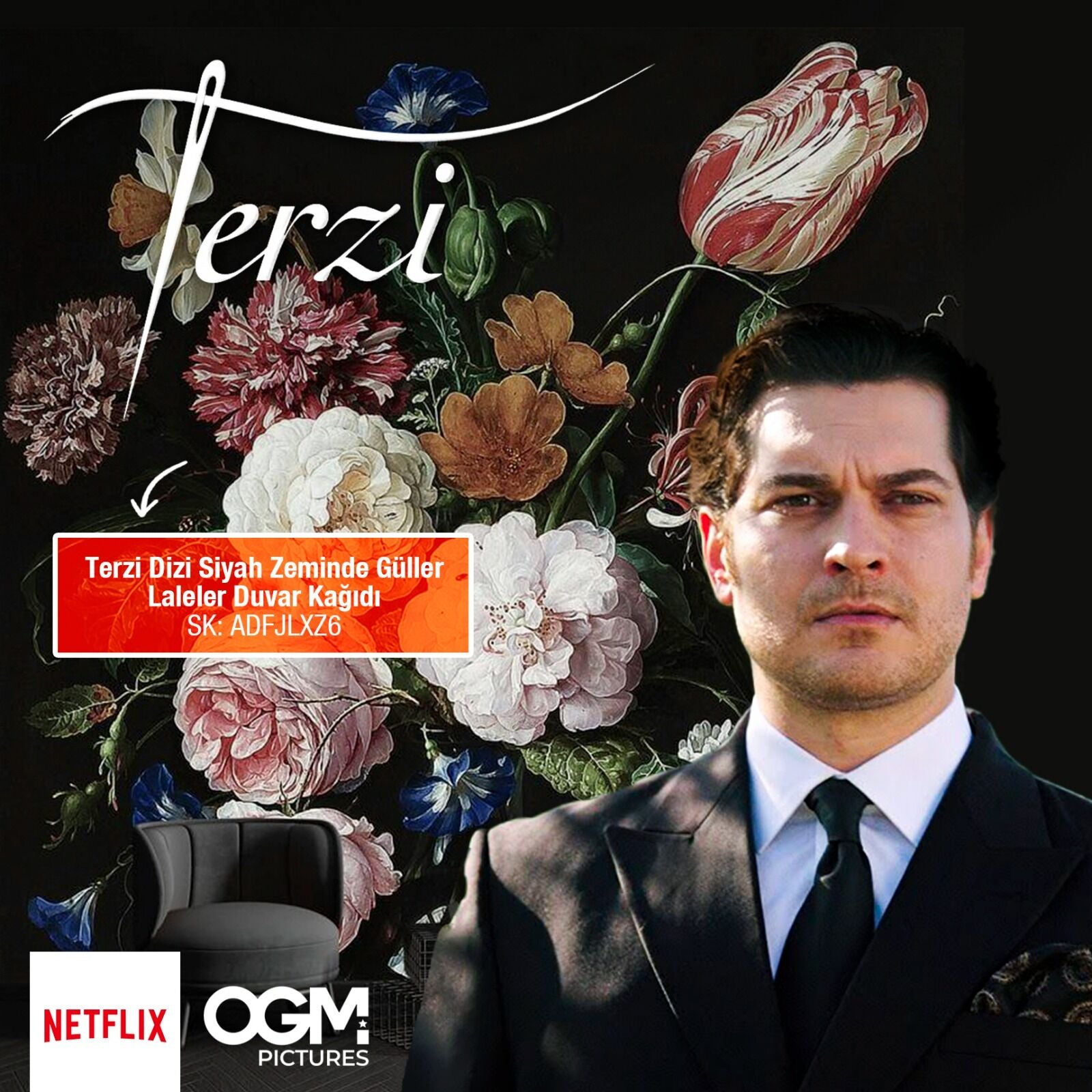 Netflix Terzi Dizisi Siyah Zeminde Güller Laleler Duvar Kağıdı