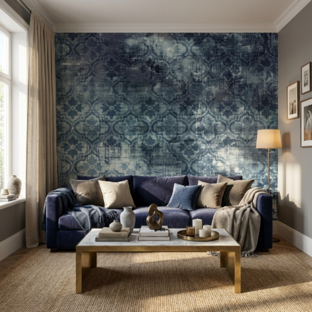 Old Damask Lacivert Duvar Kağıdı
