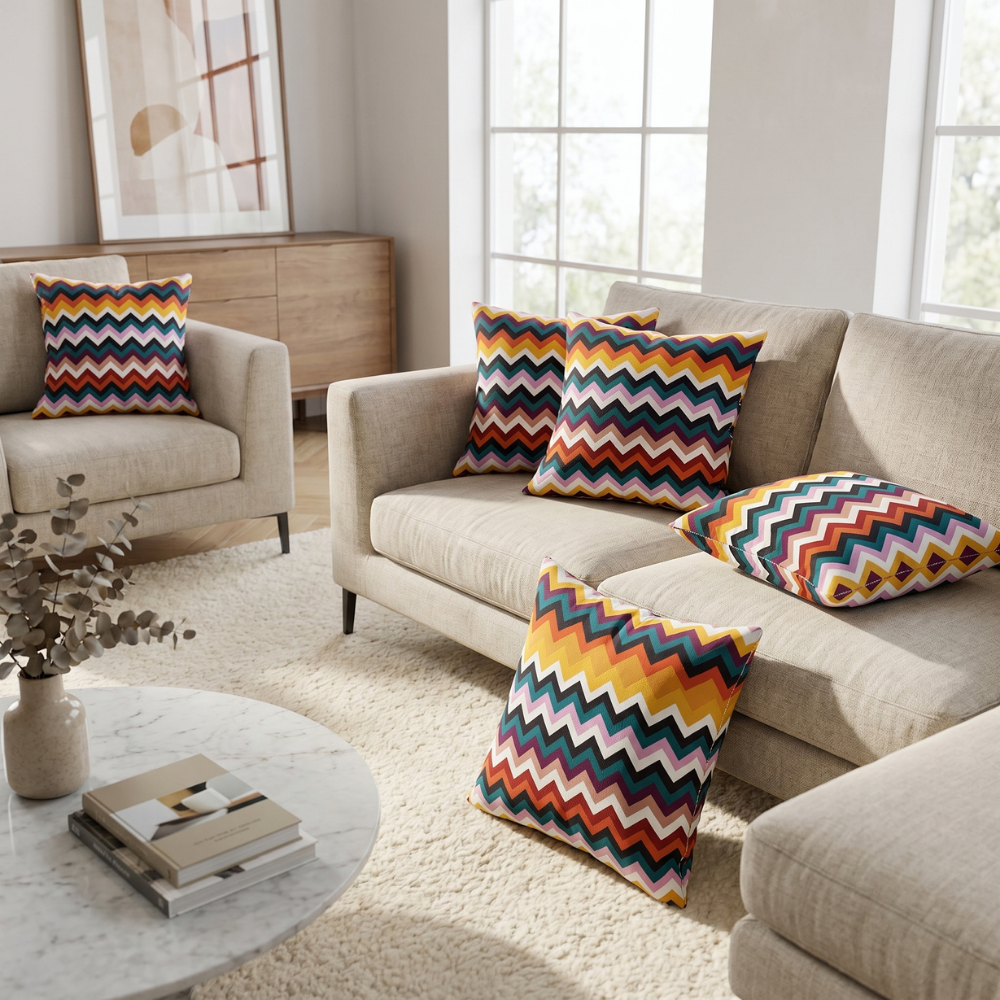 Retro Renk Patlaması Zigzag Desenli Dekoratif Yastık