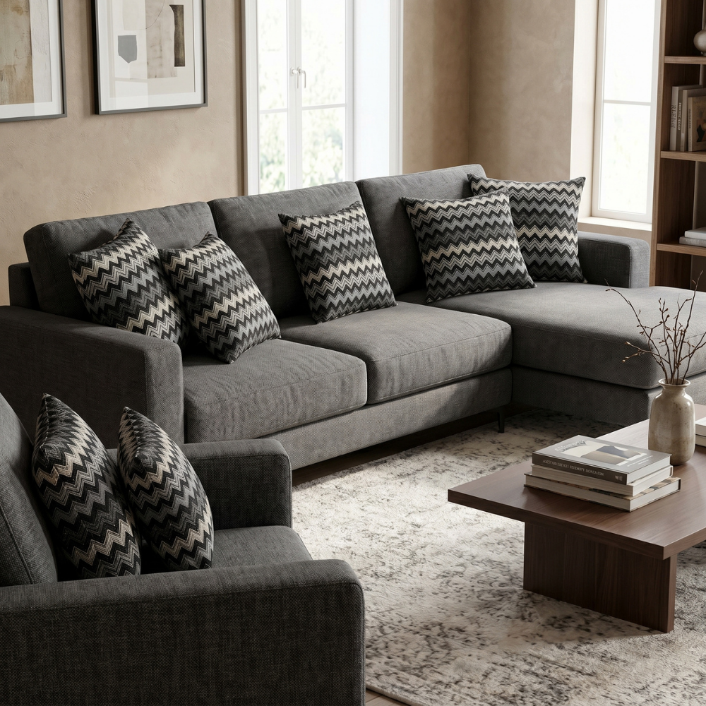 Siyah Beyaz Klasik Zigzag Desenli Dekoratif Yastık