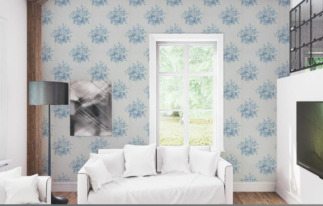 Wainscott Floral Gökyüzü Mavisi Renk Duvar Kağıdı