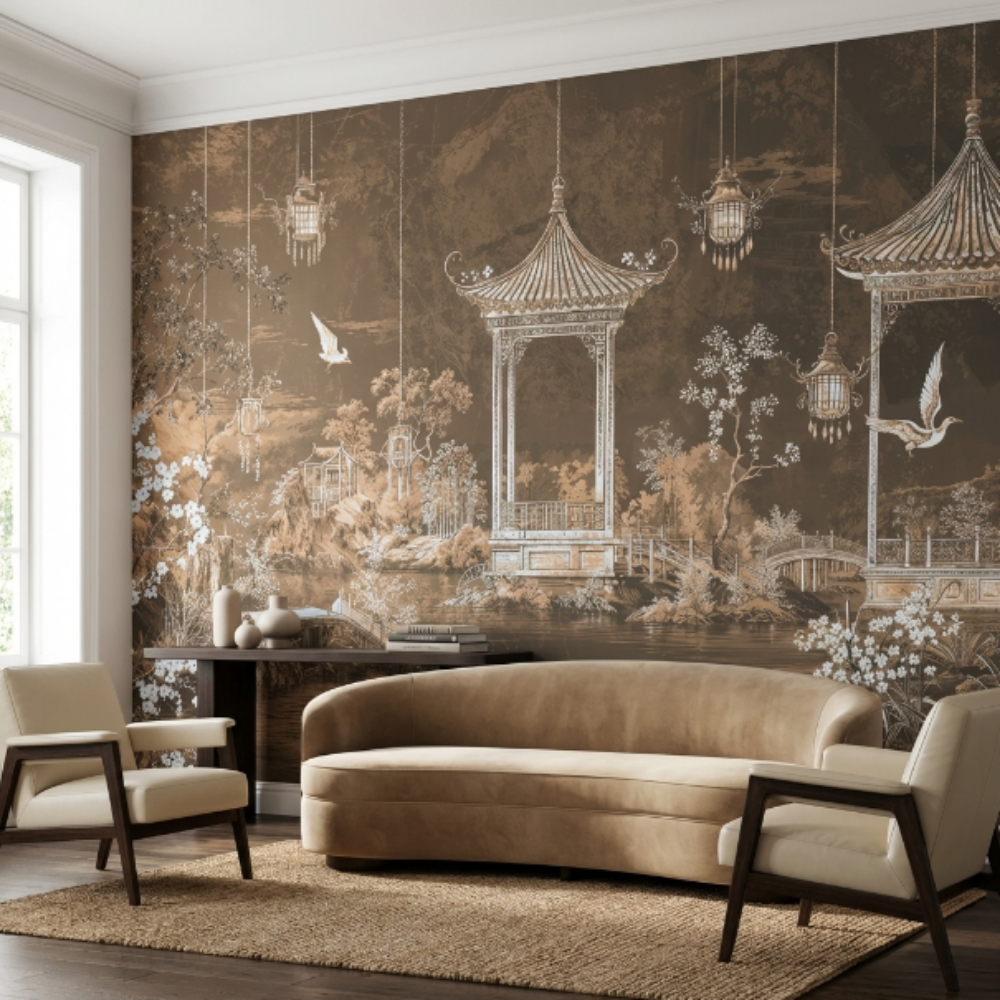 Doğu Bahçesi Pavilion Manzara Duvar Kağıdı – Serenity Beige