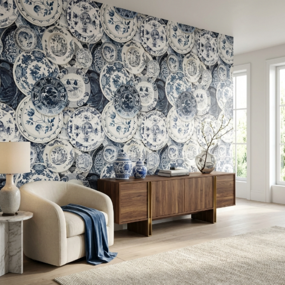 Blue Blanc Antrasit Çiçek Desenli Duvar Kağıdı
