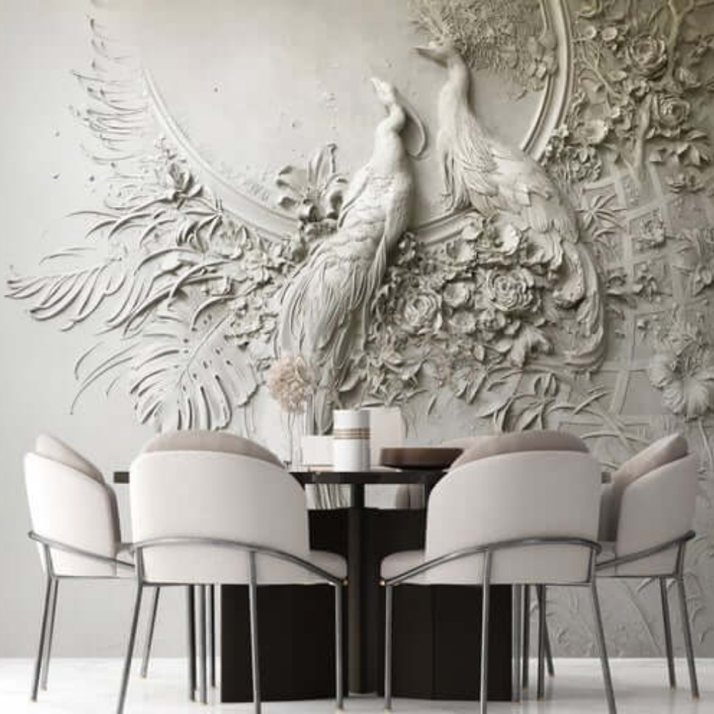 Yalı Çapkını Salon Yemek Odası Beyaz Tavus Kuşu Duvar Kağıdı