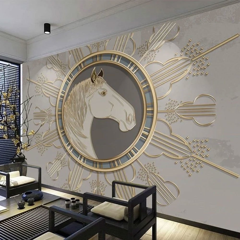 Gold Çerçeve İçinde At Büst Tasarım Duvar Kağıdı