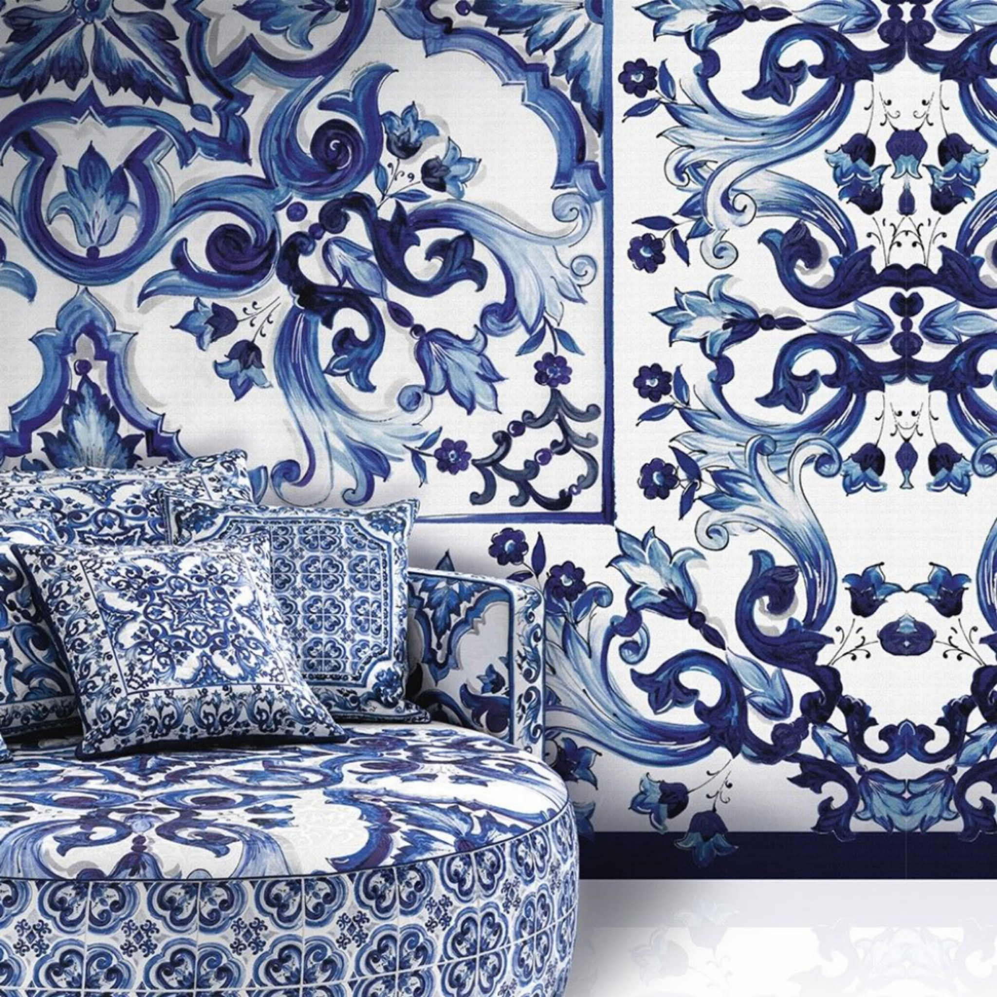 Dolce Gabanna Blue Çiçekler Çerçeveli Karo Desen Pano Duvar Kağıdı