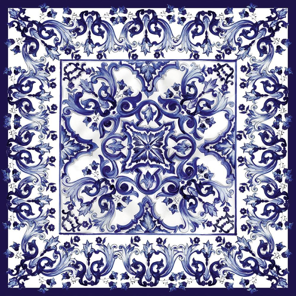 Blue Çiçekler Çerçeveli Karo Desen Pano Duvar Kağıdı