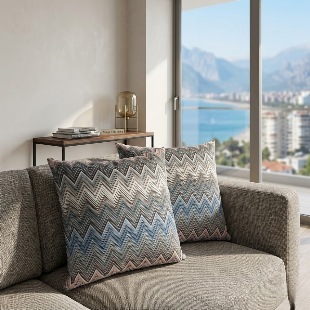 Zigzag Desenli Mavi Gri Dekoratif Yastık