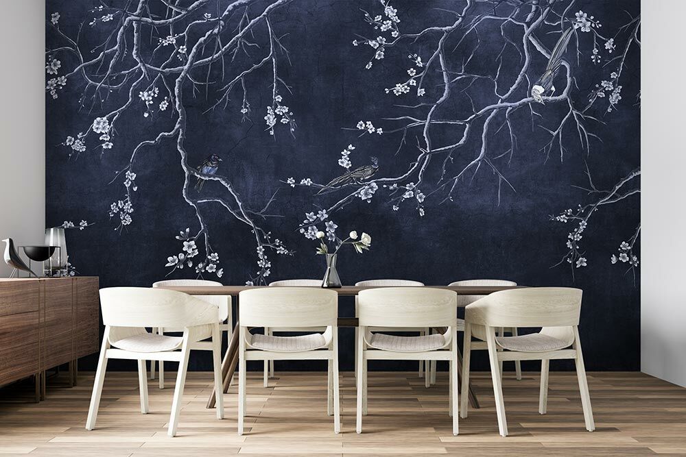 Lacivert Zeminde Sakura Çiçekleri Duvar Kağıdı