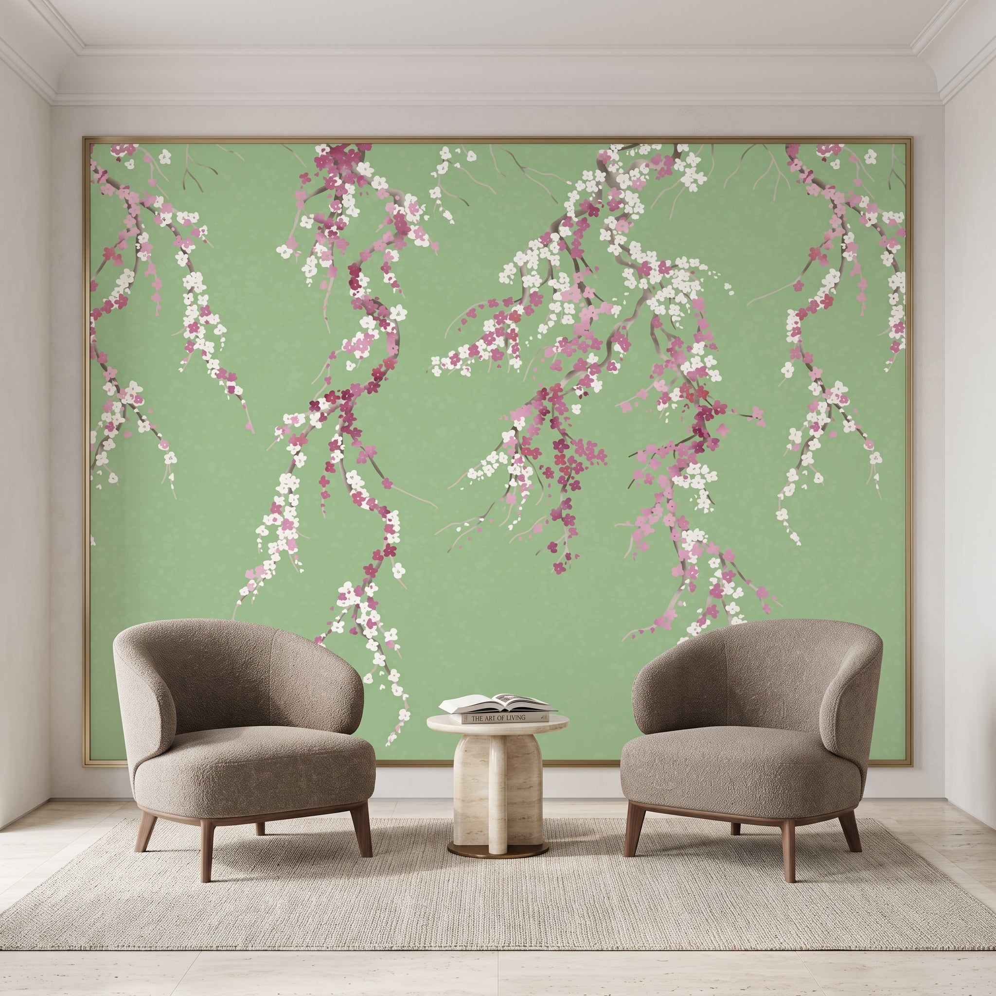 Yeşil Zemin Pembe Sakura Çiçekleri Duvar Kağıdı
