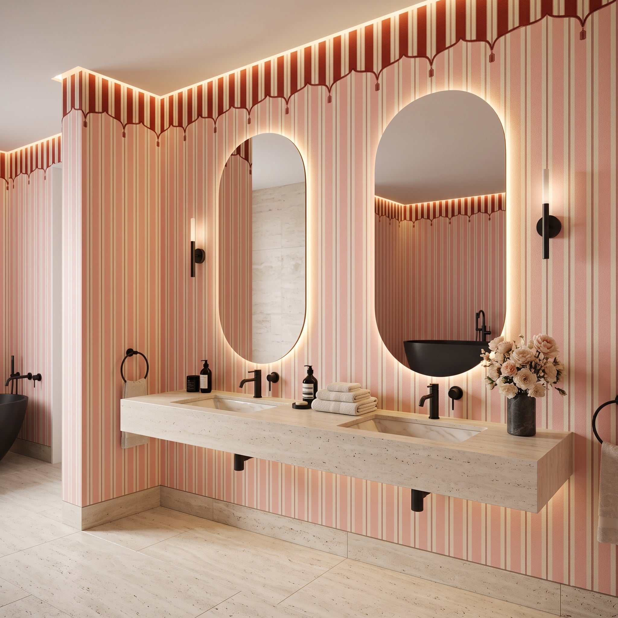 Pembe Paris Çizgili Duvar Kağıdı