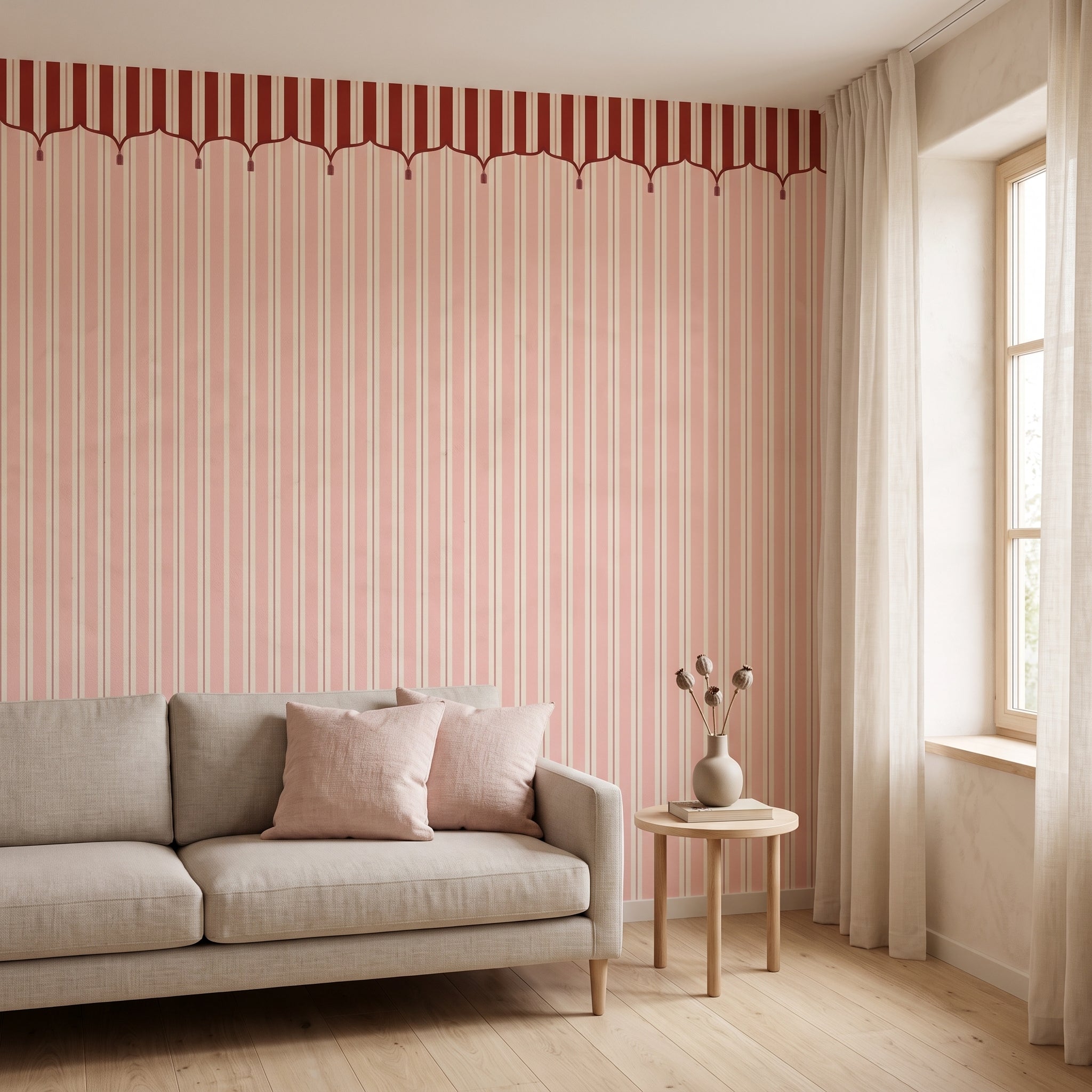 Pembe Paris Çizgili Duvar Kağıdı