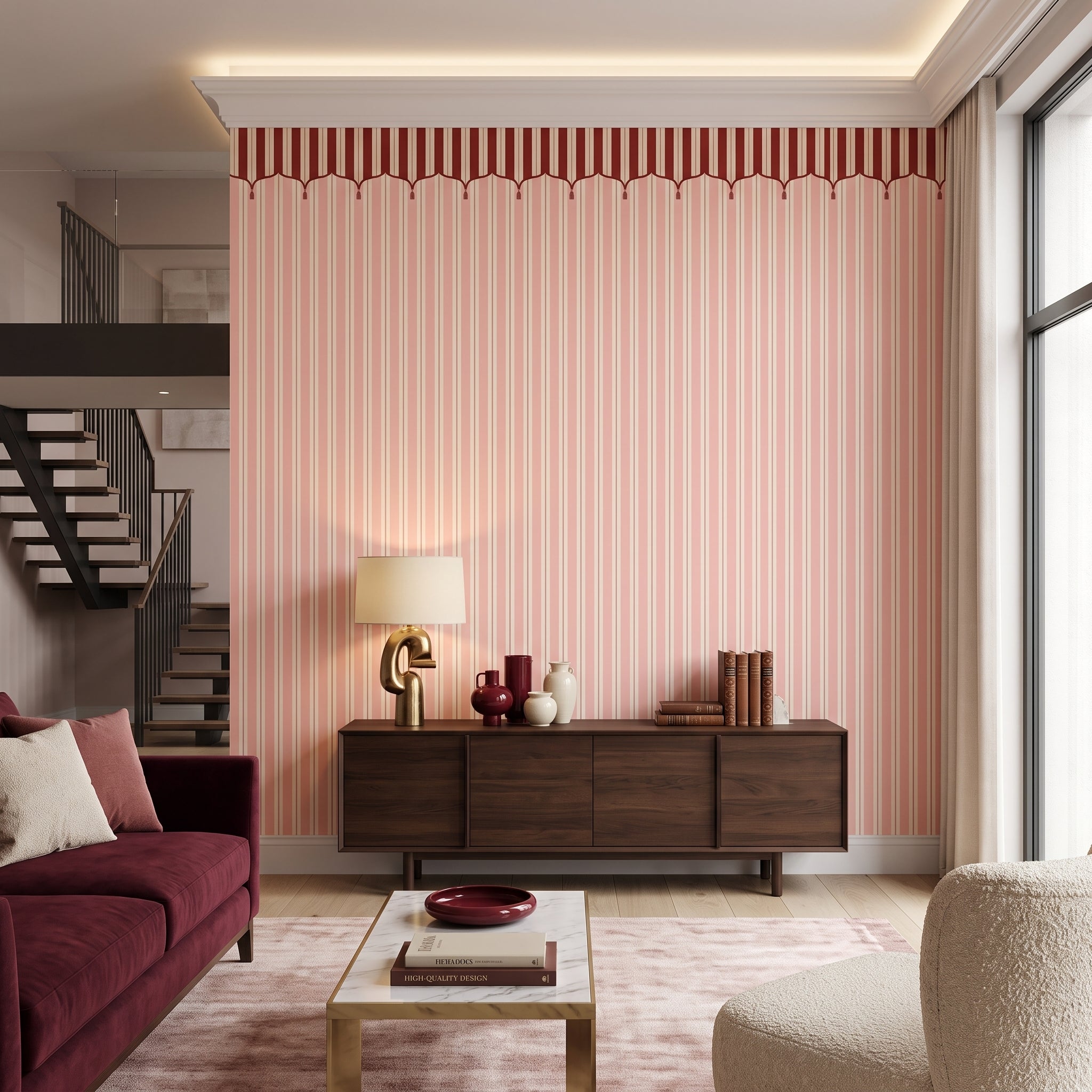Pembe Paris Çizgili Duvar Kağıdı