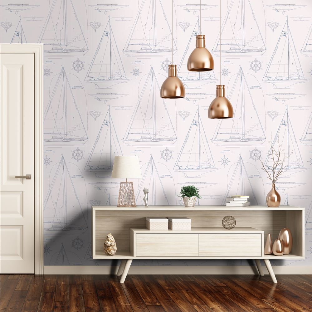 Boat Blueprint Vintage Blue Duvar Kağıdı