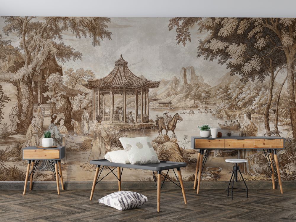 Sepya Tonlarda Çin Tarzı Geleneksel Sanat Deseni Duvar Kağıdı