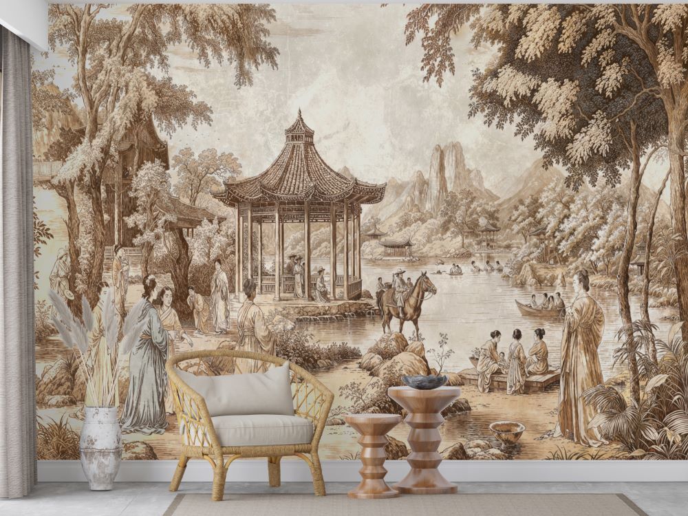 Sepya Tonlarda Çin Tarzı Geleneksel Sanat Deseni Duvar Kağıdı