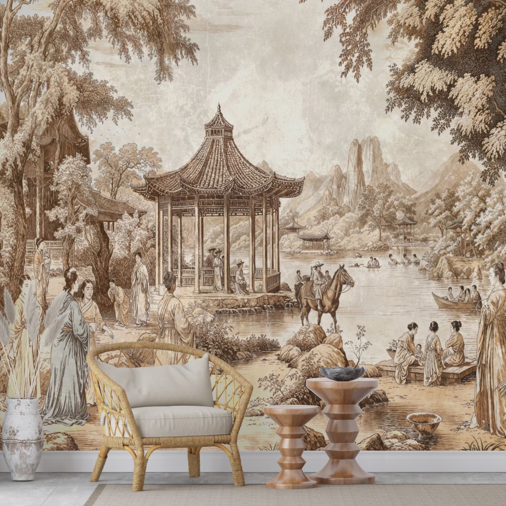 Sepya Tonlarda Çin Tarzı Geleneksel Sanat Deseni Duvar Kağıdı