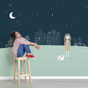 Gece Gökyüzü Küçük Hanım Ve Kedisi Duvar Kağıdı