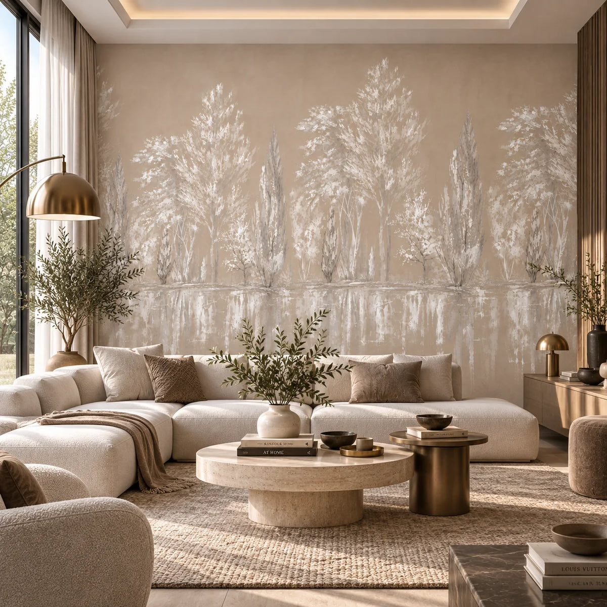 Bej ağaç desenli duvar kağıdı – salon mekân görselleştirmesi