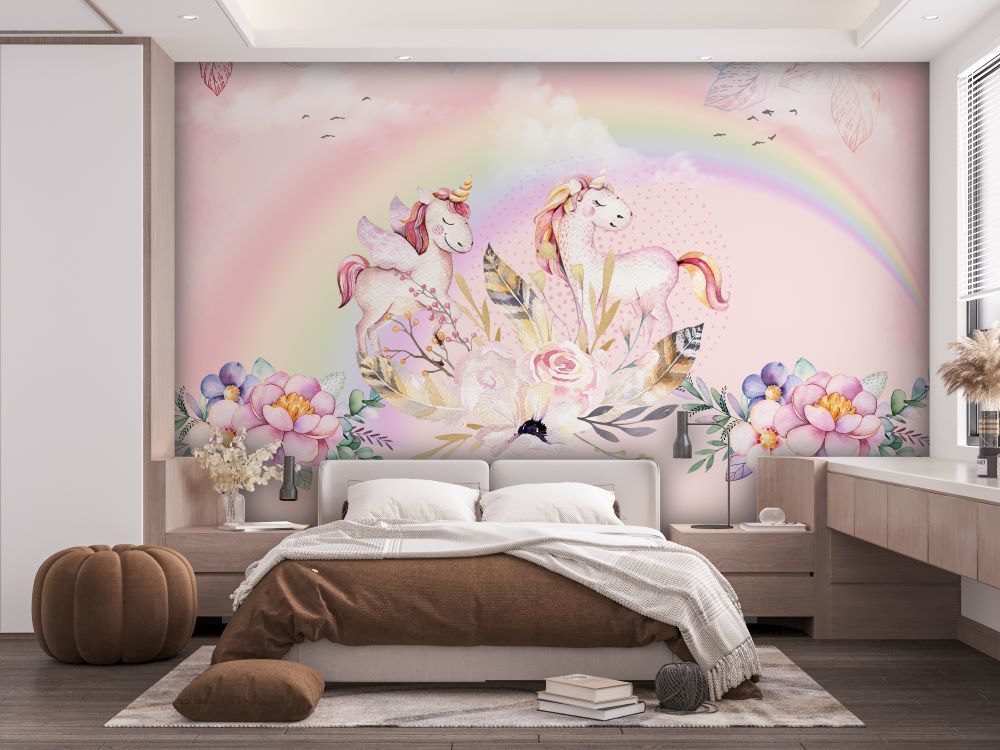 Gökkuşağı Altında Unicorn Atları Çiçekler Duvar Kağıdı