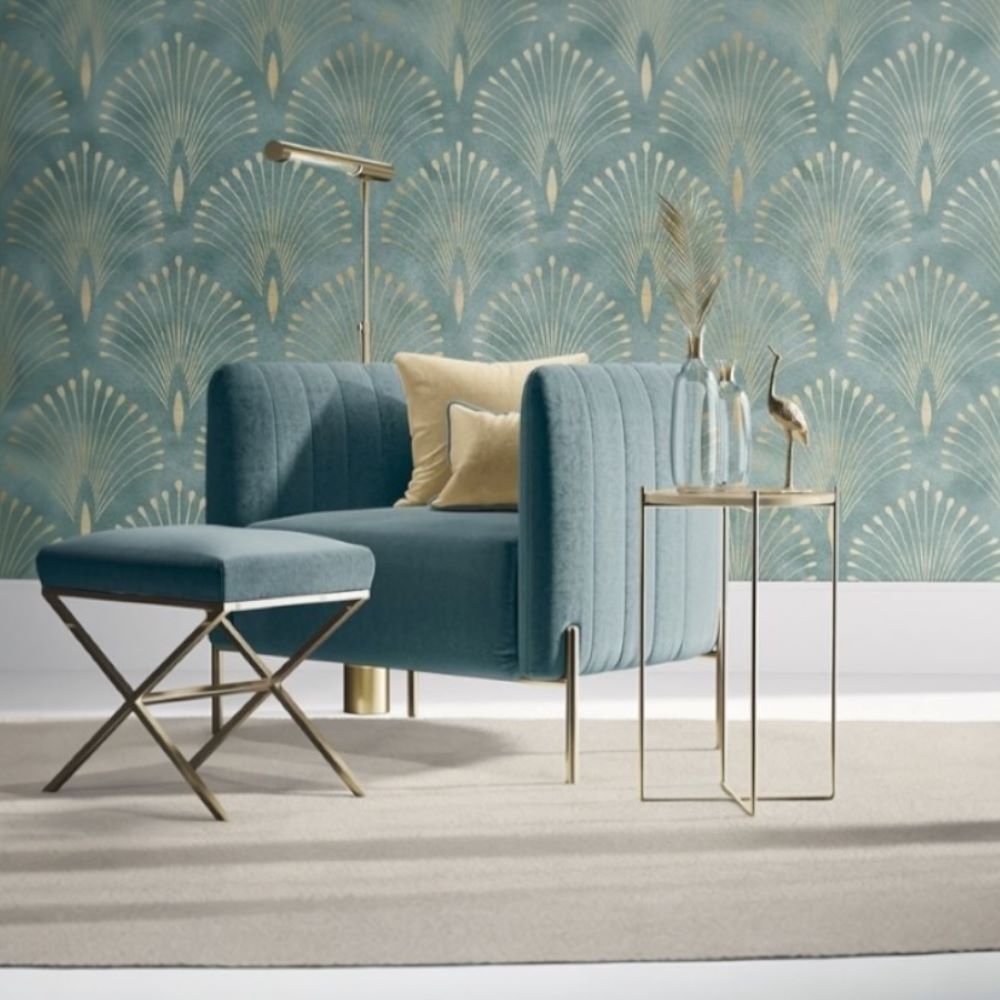 Turkuaz Soft Gold Detaylı Geometrik Desen Duvar Kağıdı