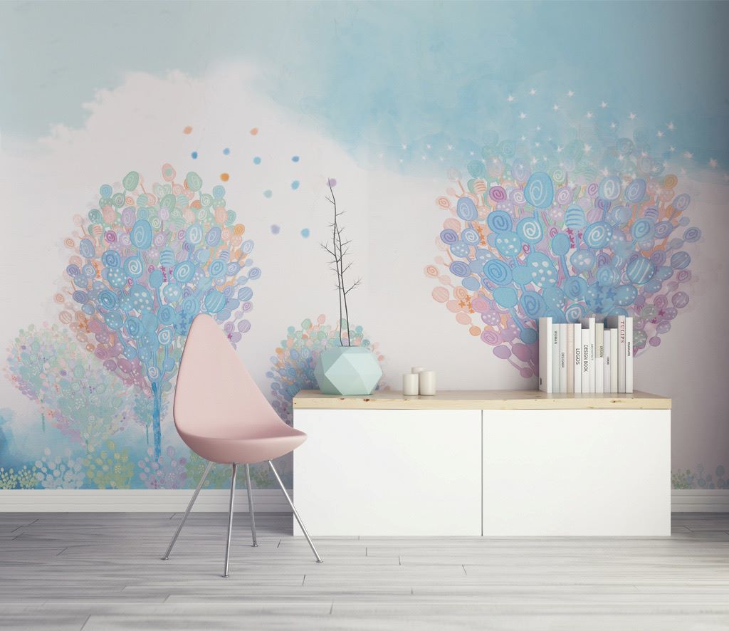 Lolipop Şekerli Ağaçlar Soft Renkli Duvar Kağıdı
