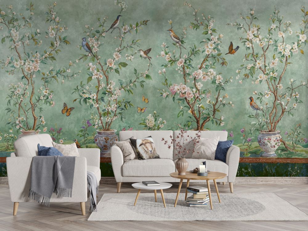 Yeşil Zemin Çiçek Ve Kuş Desenli Duvar Kağıdı