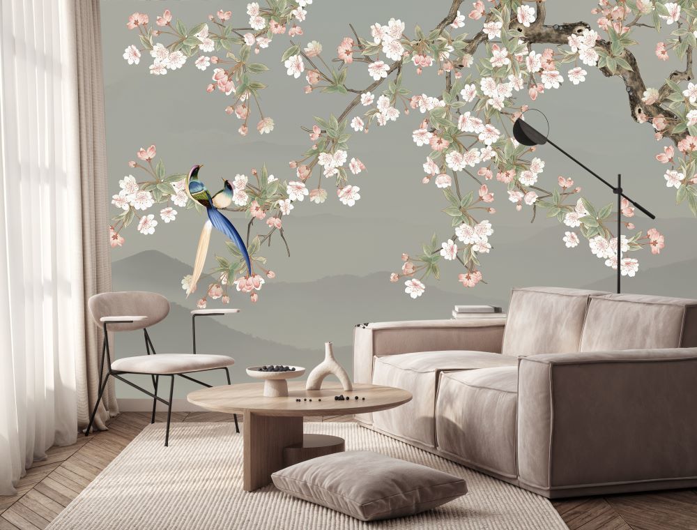 Sakura Çiçekler Kuşlar Tasarım Duvar Kağıdı