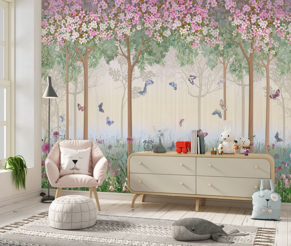 Pembe Çiçekli Şirin Ağaçlar Kelebekler Duvar Kağıdı