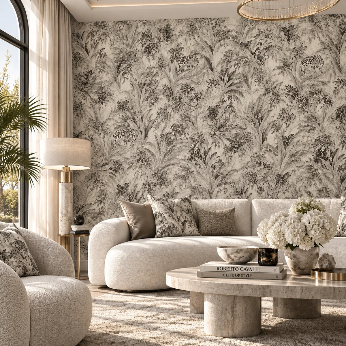 Roberto Cavalli RC18001 yapraklar içinde leopar desenli duvar kağıdı – salon görselleştirmesi