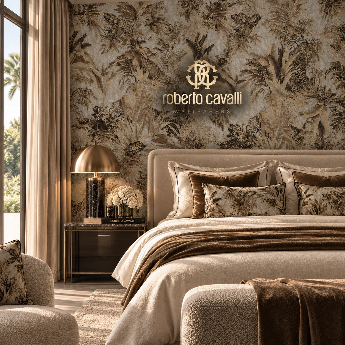 Roberto Cavalli RC18002 yapraklar içinde leopar desenli duvar kağıdı – yatak odası görselleştirmesi
