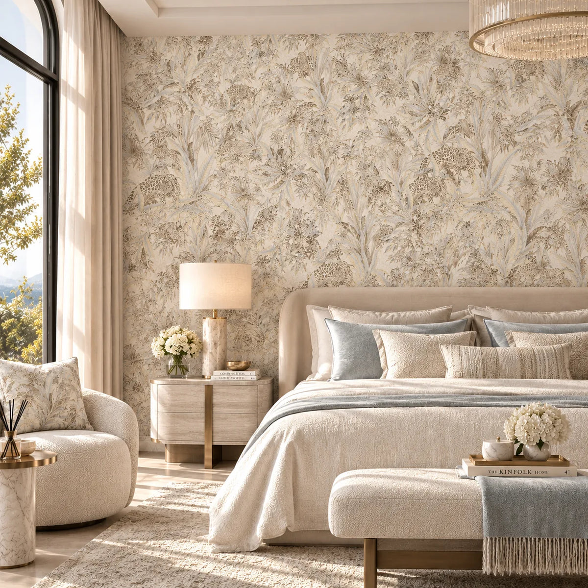 Roberto Cavalli RC18008 yapraklar içinde leopar desenli duvar kağıdı – yatak odası görselleştirmesi