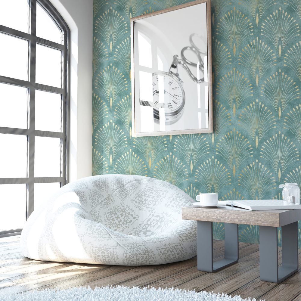 Turkuaz Soft Gold Detaylı Geometrik Desen Duvar Kağıdı