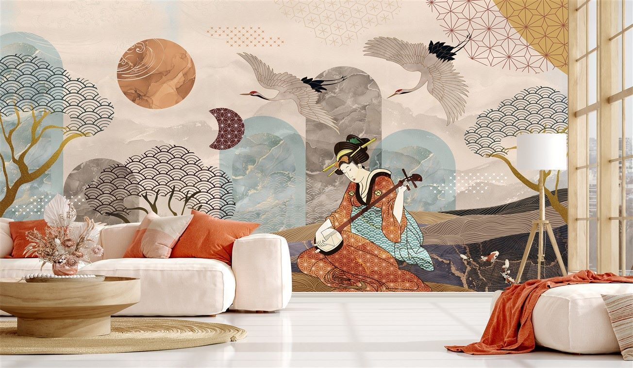 Geisha & Yükselen Güneş  Japon Sanatı Duvar Kağıdı