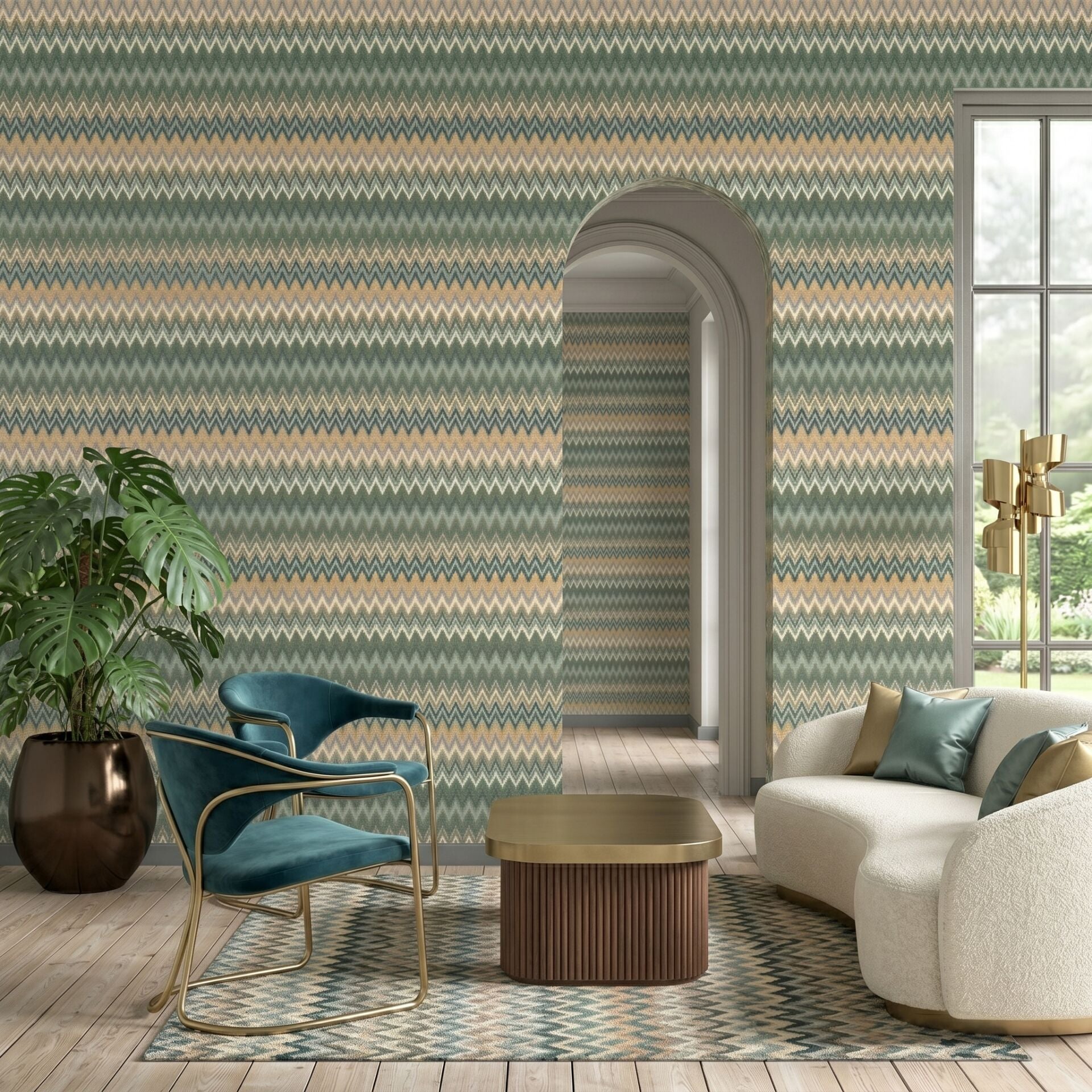 Missoni Home 1 Sarı Yeşil ZigZag Multicolore Vinil Duvar Kağıdı