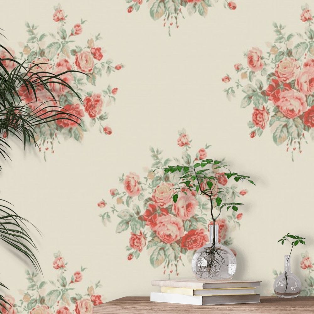 Wainscott Floral Kırmızı Krem Renk Duvar Kağıdı