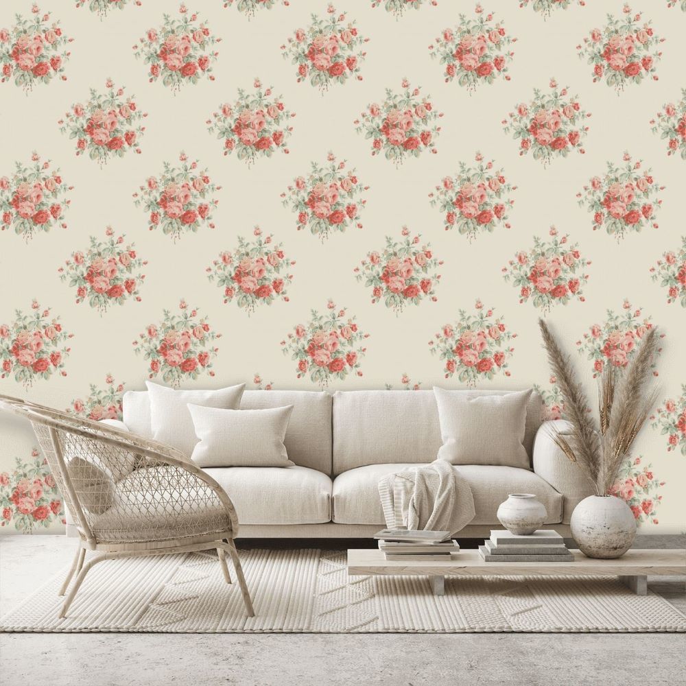 Wainscott Floral Kırmızı Krem Renk Duvar Kağıdı