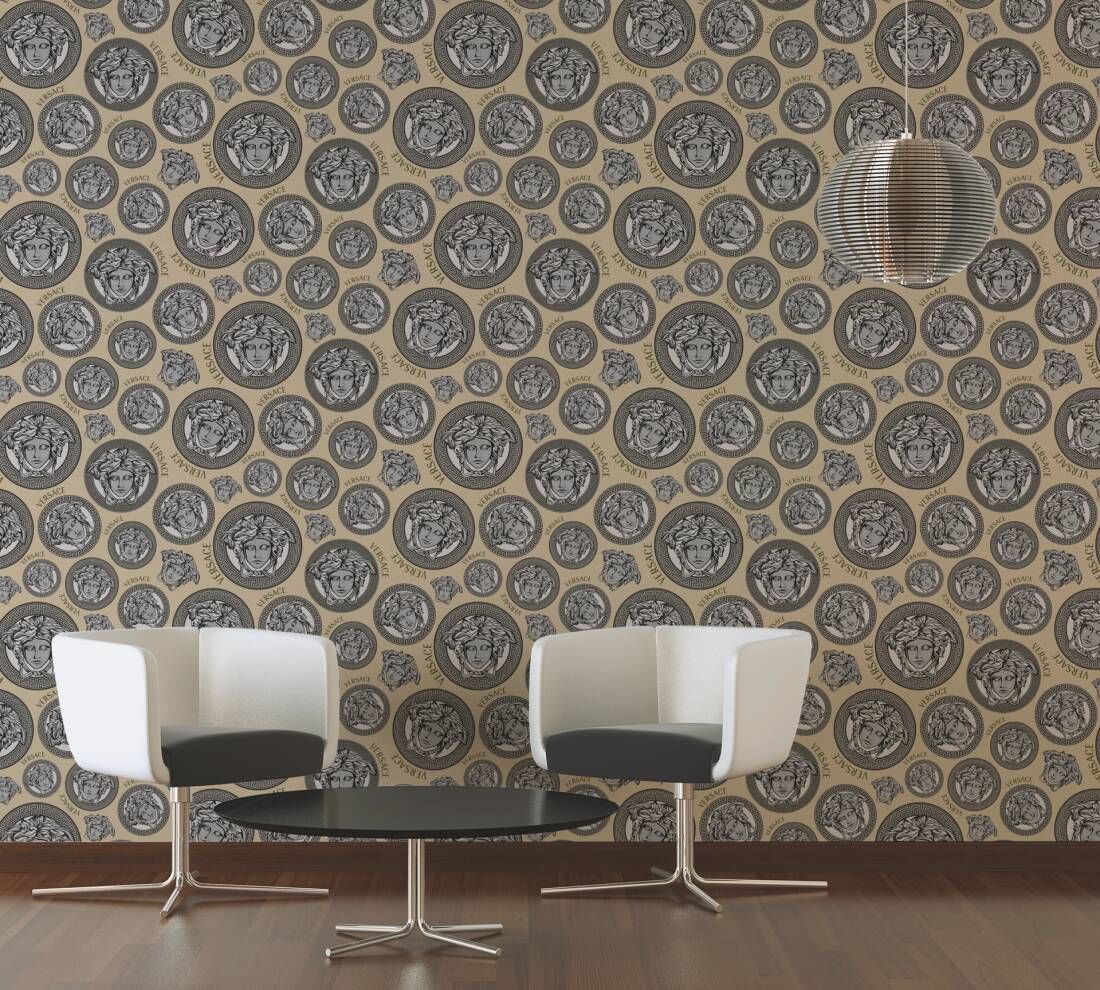 Lacivert Medusa desenli Versace duvar kağıdı salon dekorasyonu