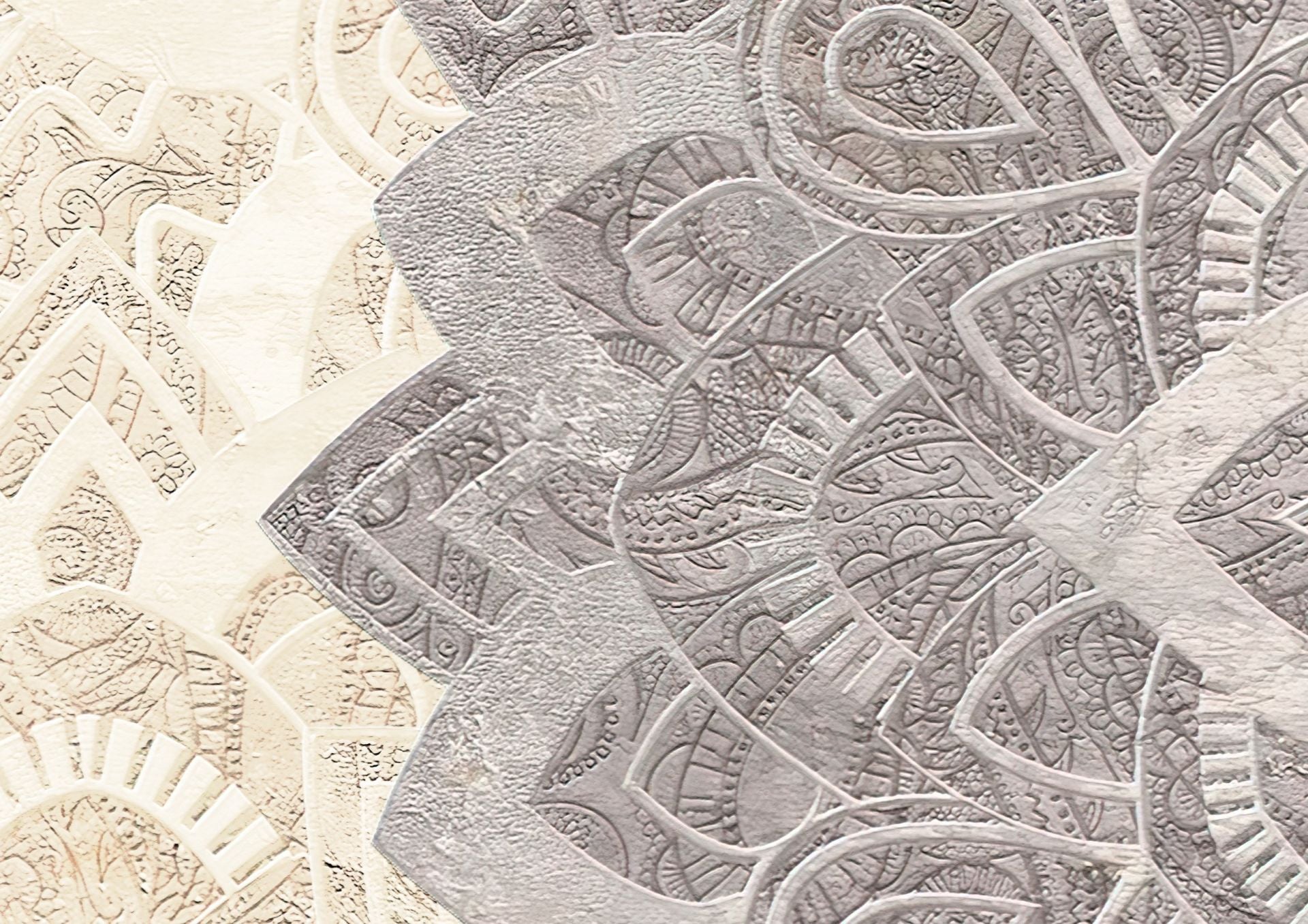 Krem Mandala Üzerinde Gri Yaşam Çiçeği Desen Duvar Kağıdı