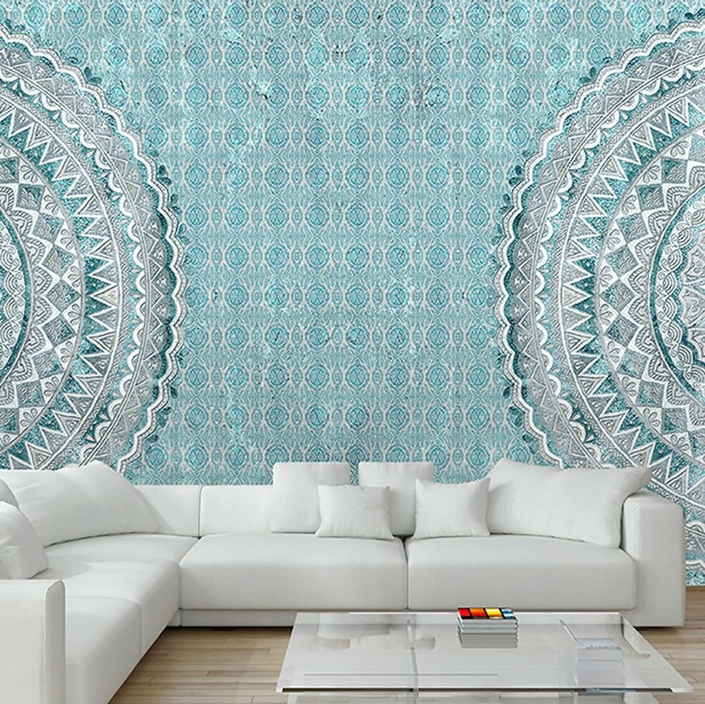 Mavi Zeminde Mandala Desen Duvar Kağıdı