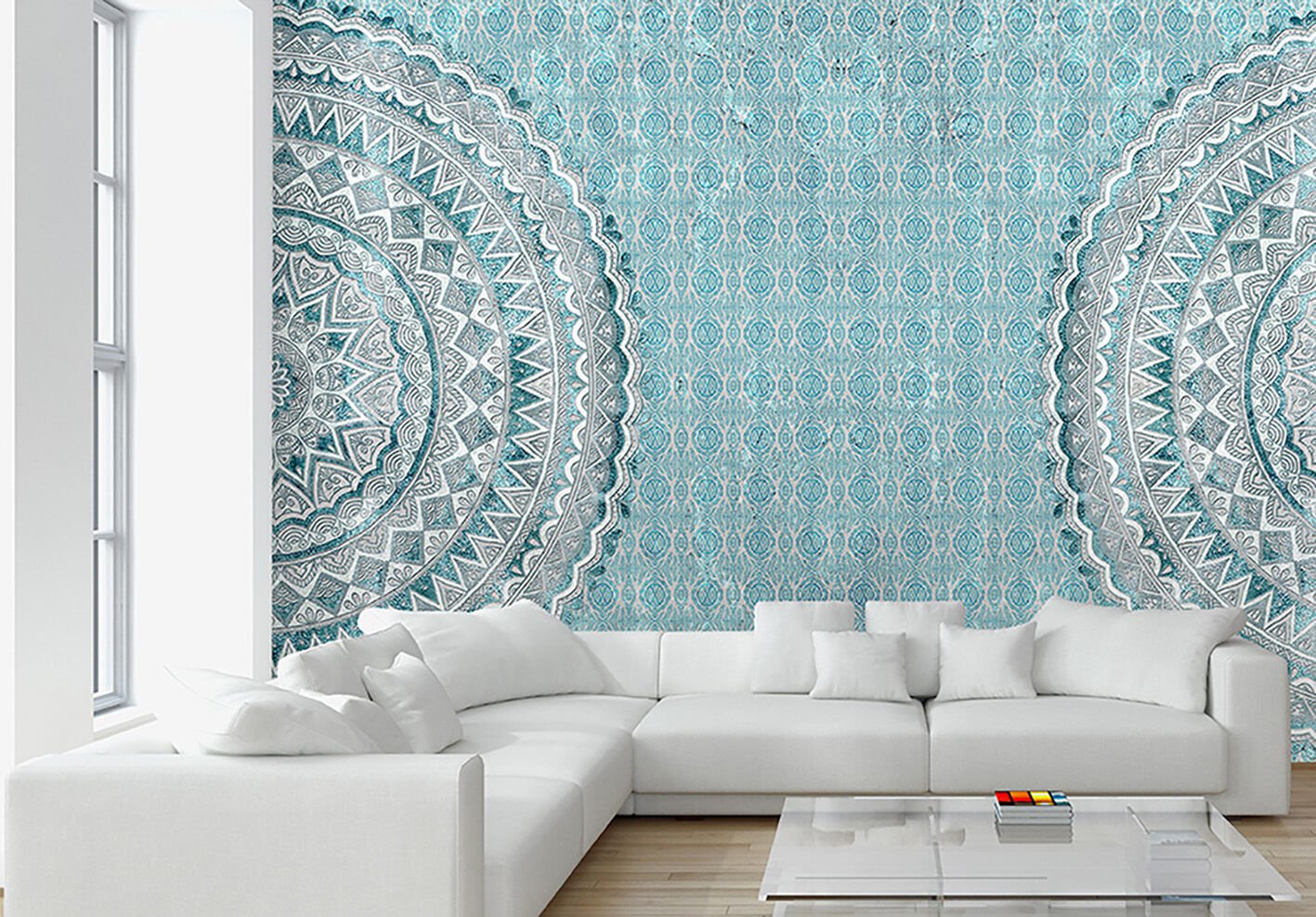 Mavi Zeminde Mandala Desen Duvar Kağıdı