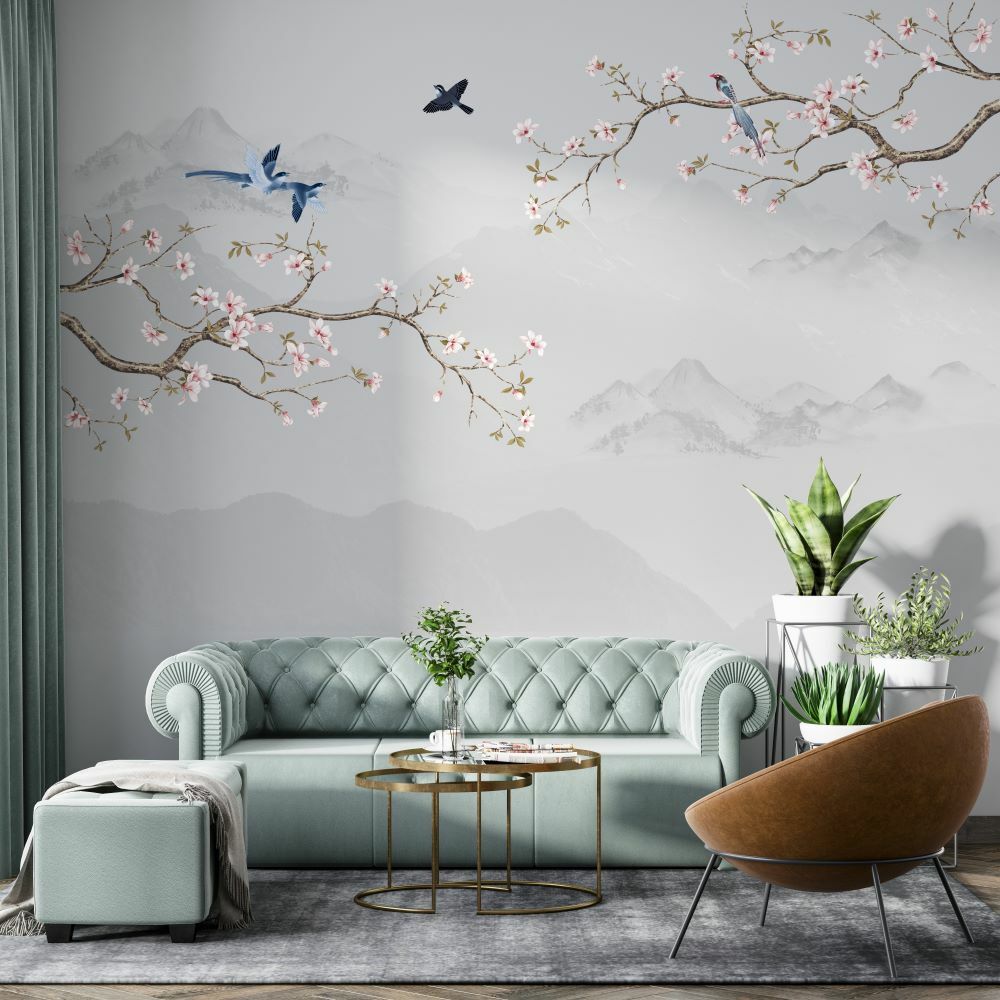 Soft Dağlar Sakura Çiçekler Kuşlar Duvar Kağıdı