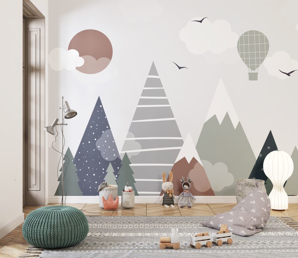 Geometrik Eğlenceli Dağlar Hava Balonu Duvar Kağıdı