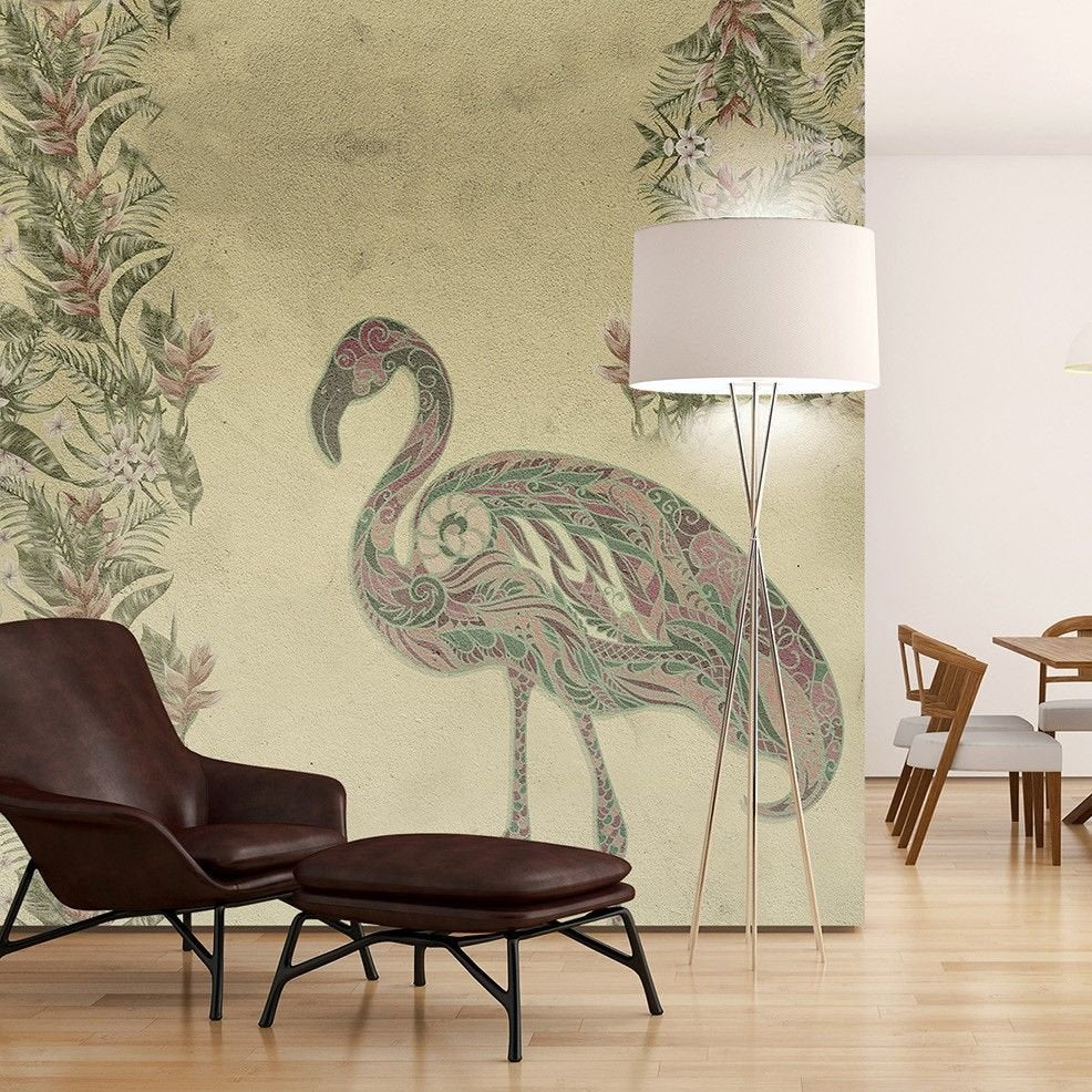 Çiçeklerle Tasarlanmış Flamingo Duvar Kağıdı