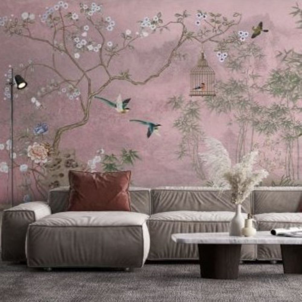 Pembe Zeminde Kuşlar Sakura Ağacı Duvar Kağıdı