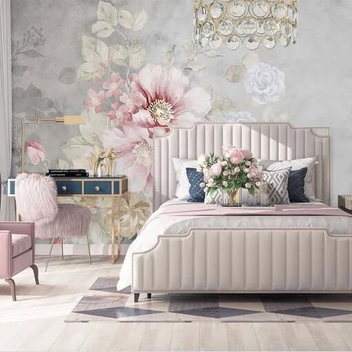 Gri Zeminde Floral Çiçekler Duvar Kağıdı