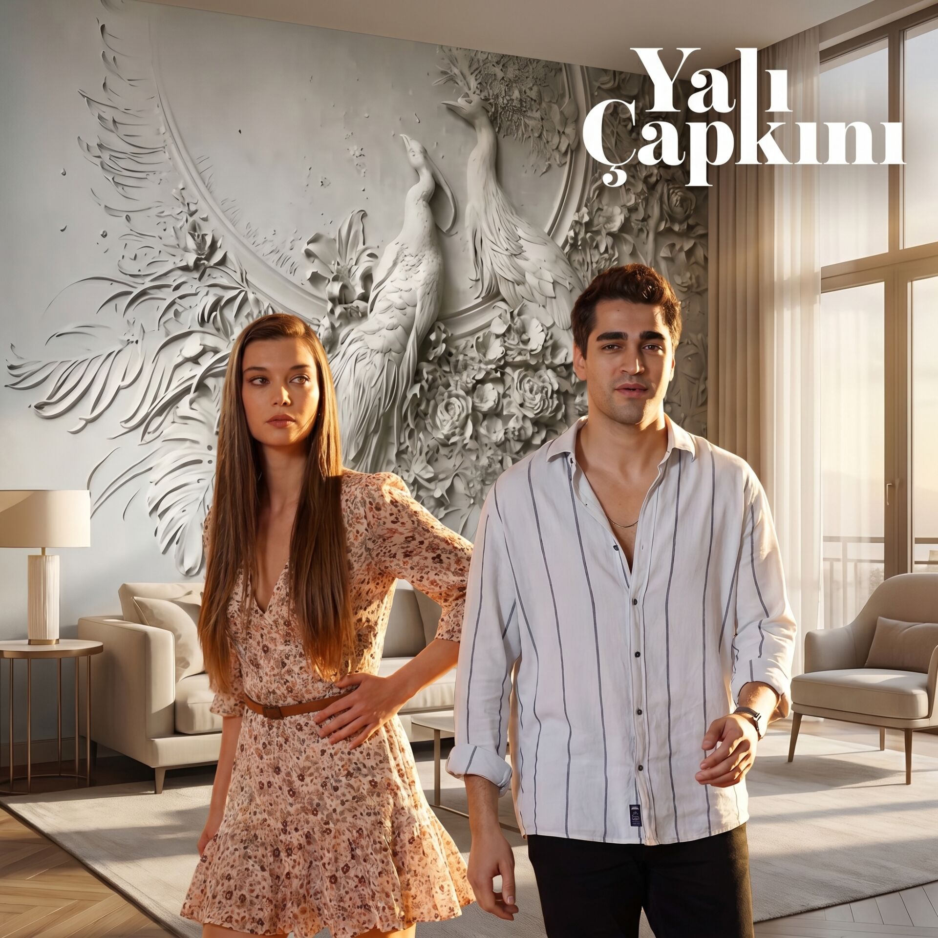 Yalı Çapkını Salon Yemek Odası Beyaz Tavus Kuşu Duvar Kağıdı